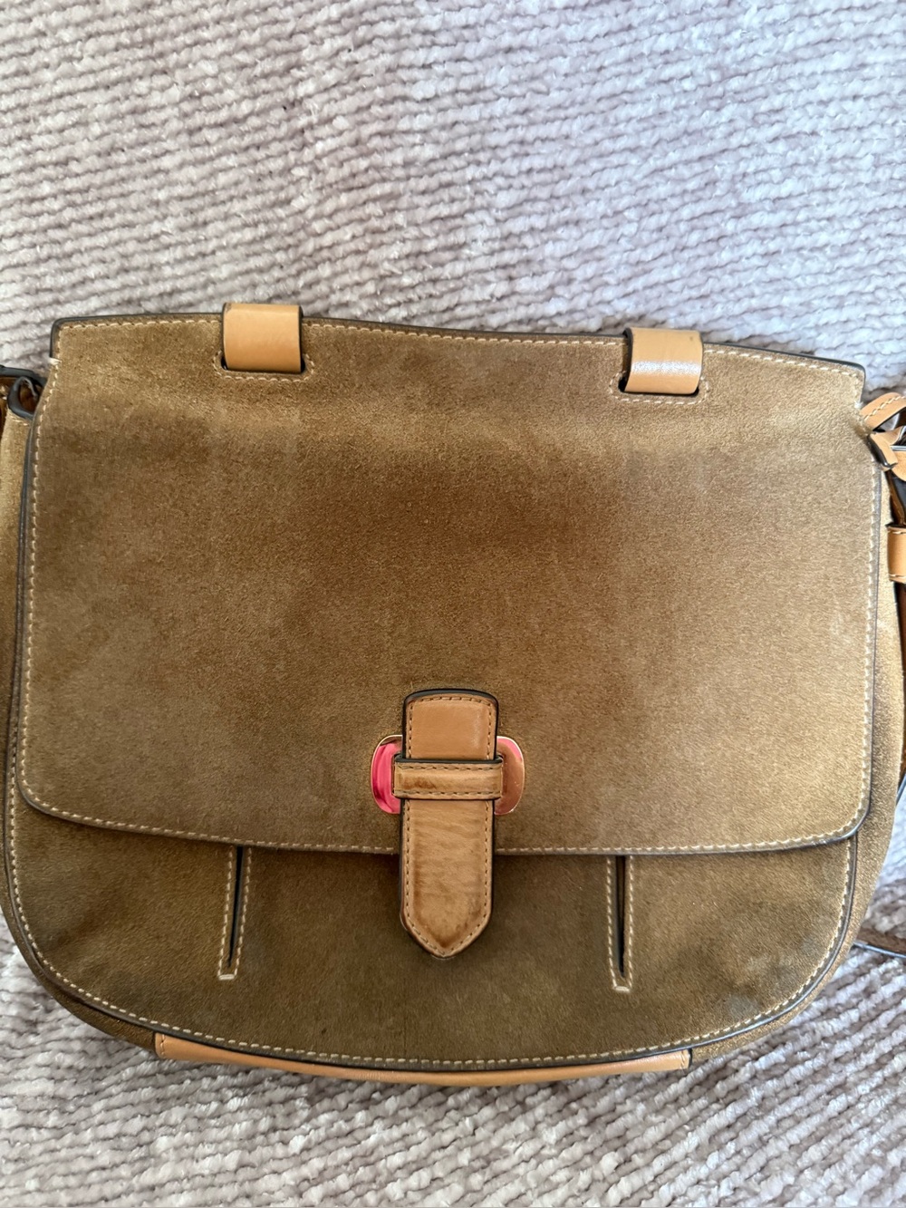 Michael Kors Romy Desert Beige Messenger Crossbody Suede Leather Top Handle Bag